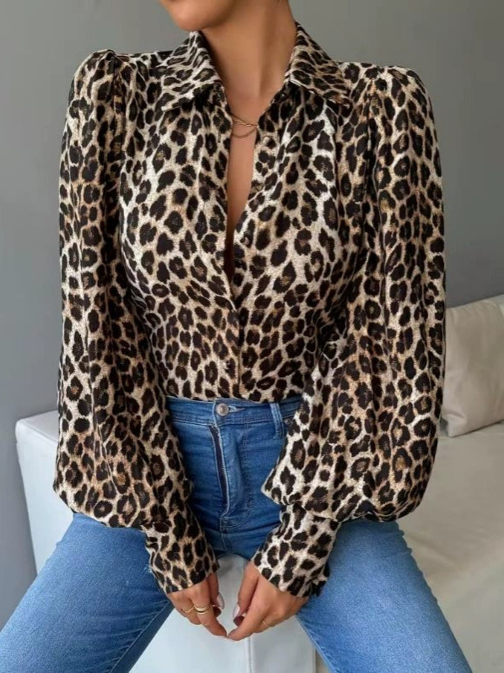 ZARA Women Leopard Print Long Sleeve Puff Sleeve Midi Cardigan Shirt Retro